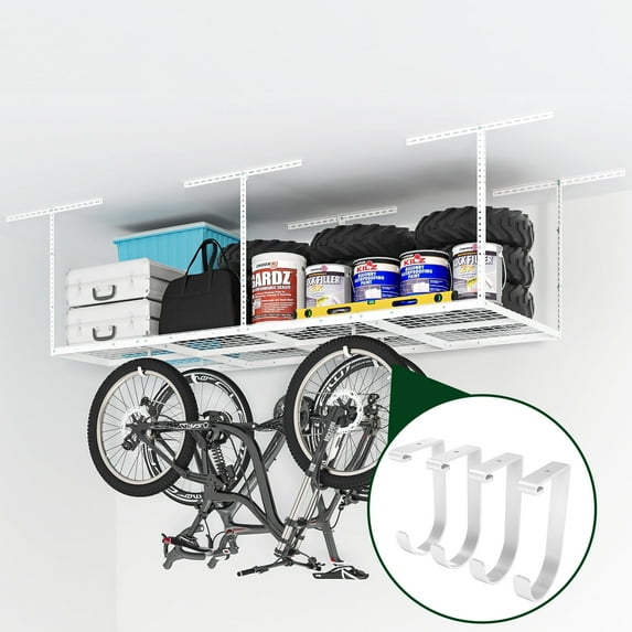 eShelf 3x8 Heavy Steel Overhead Garage Storage Rack, Adjustable Ceiling-Mounted Organizer with 600lbs Capacity, 4 Hanging Hooks & 22"-40" Height Range, Heavy-Duty Metal Storage System (White)
