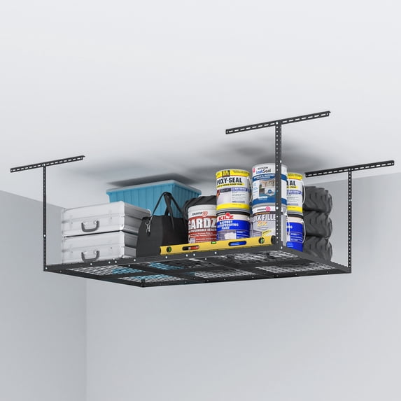eShelf 4x6 Heavy Steel Overhead Garage Storage Rack, Adjustable Ceiling-Mounted Organizer with 450lbs Capacity, 22"-40" Height Range, Heavy-Duty Metal Storage System (Black)