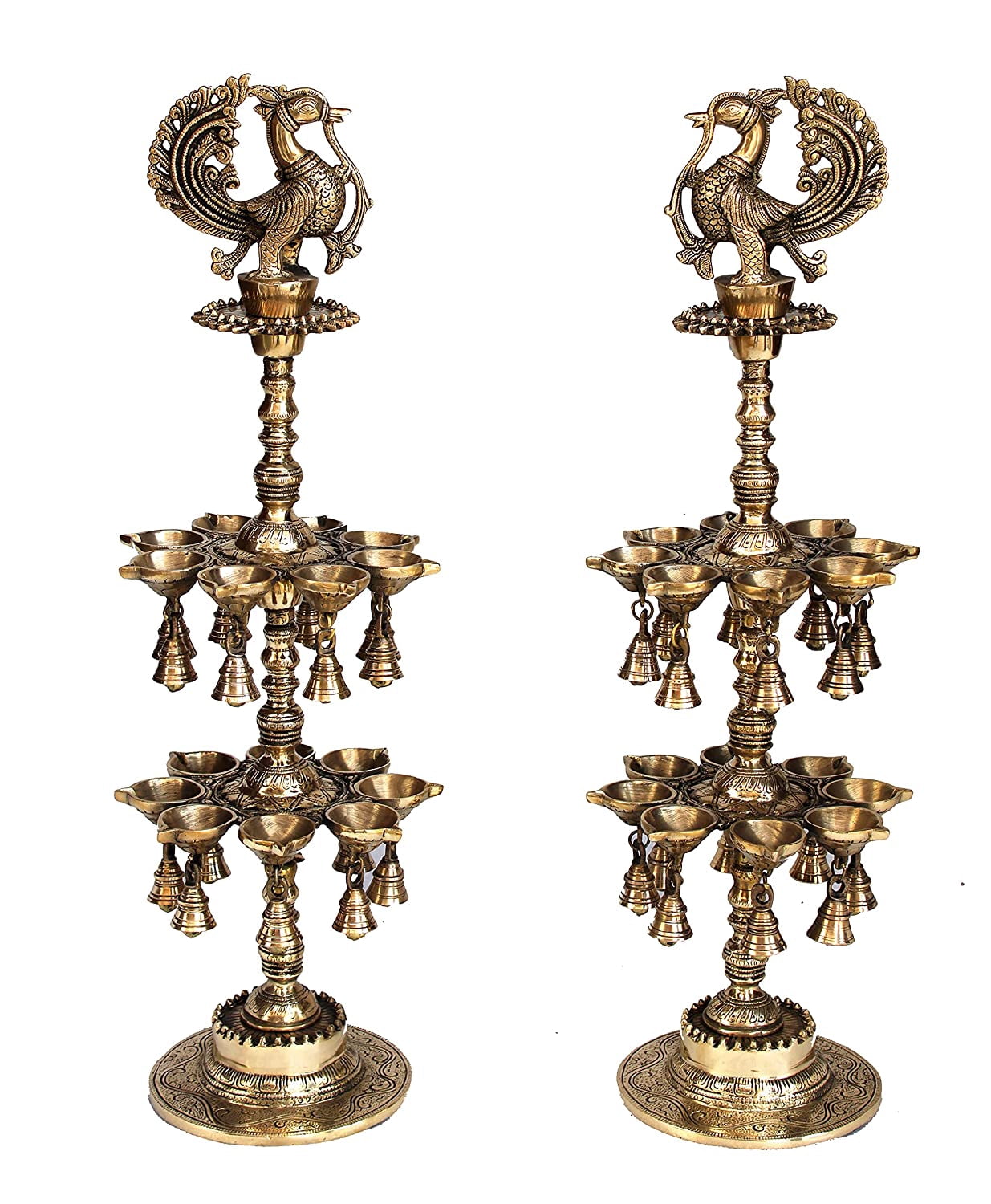 eSplanade Brass Peacock Oil Lamp - Set of 2 - 17" Inches | Brass Diya | Brass Deepam | Brass Lamps | Kuthu Vilakku
