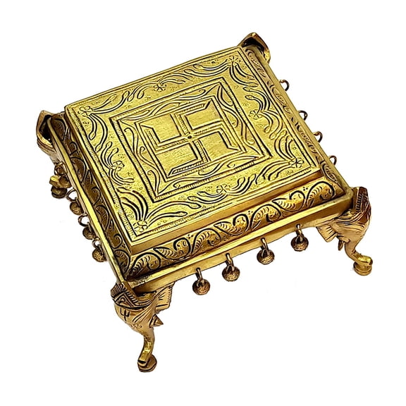 eSplanade Decorative Brass Mandir Chowki with Elephant Pillars & Ghungroo | Pooja God Stool (9" x 9" Inches)
