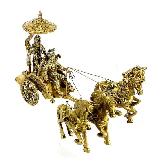 eSplanade Krishna Arjuna Chariot with 4 Horses Krishan Arjun Rath Showpiece Sculpture | Krishna Arjun Updesh | Gita Saransh | Decorative Items - Home Decor | Brass - 10" Inches