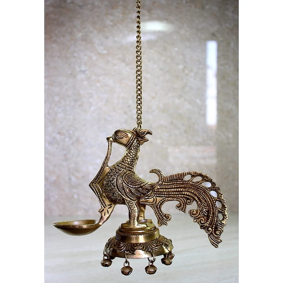 eSplanade Peacock Design Traditional Hanging Diya with Bells | Deepak Deepam Oil Lamp Kuthu Vilakku | Pooja Accessories - Home Decor | Brass - 7.5" Inches with 20" Inches Chain Length