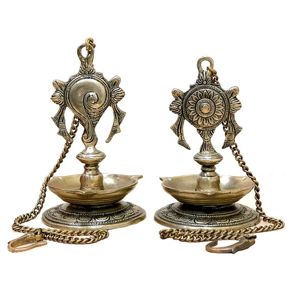 eSplanade Shankh Chakra Hanging Diya Deepak Deepam Kuthu Vilakku Oil Lamp | Pooja Accessories - Home Decor | Brass - 7" Inches with 20" Inches Chain Length