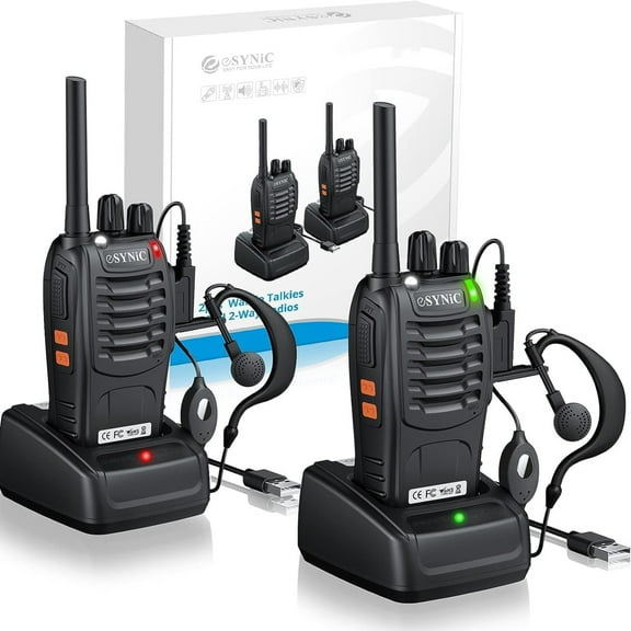 eSynic 2Pack Professional Walkie Talkies, 5KM/3Miles Range, 16CH Rechargeable VOX Radio, with Earpieces - Ideal for Adults, Kids, & Great Gift Option.