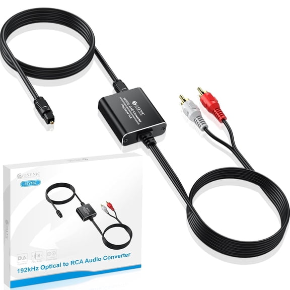 eSynic Optical to RCA Converter 192kHz DAC, Aluminium Alloy, Portable Adapter with 2.1m/7ft Optical Audio RCA Cable for HDTV, Blu-ray Players, and More