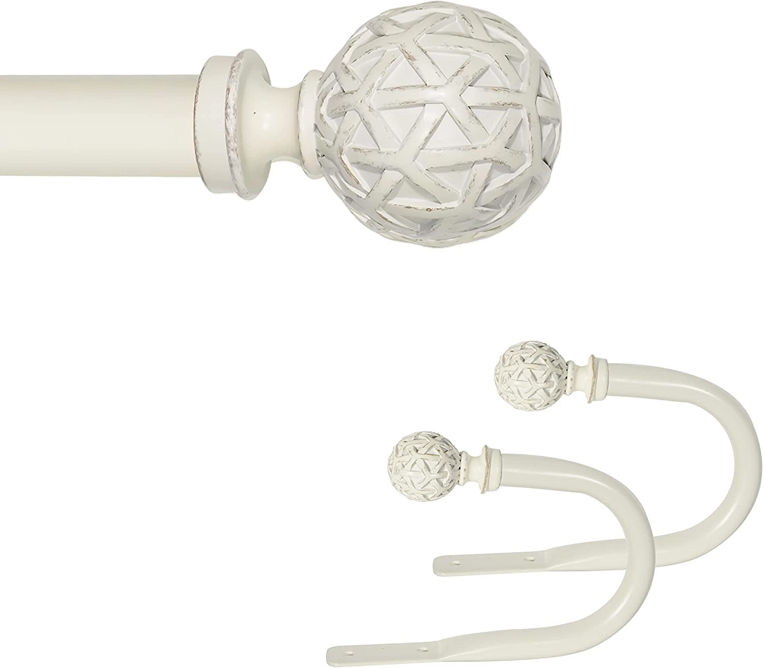 eTeckram 1" Curtain Rod with Geo Ball Finials - 28" to 48", Weathered White