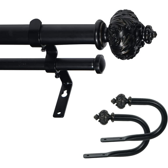 eTeckram 1" Double Curtain Rod with Albert Finials and holdbacks (28''-48'', Black gold)