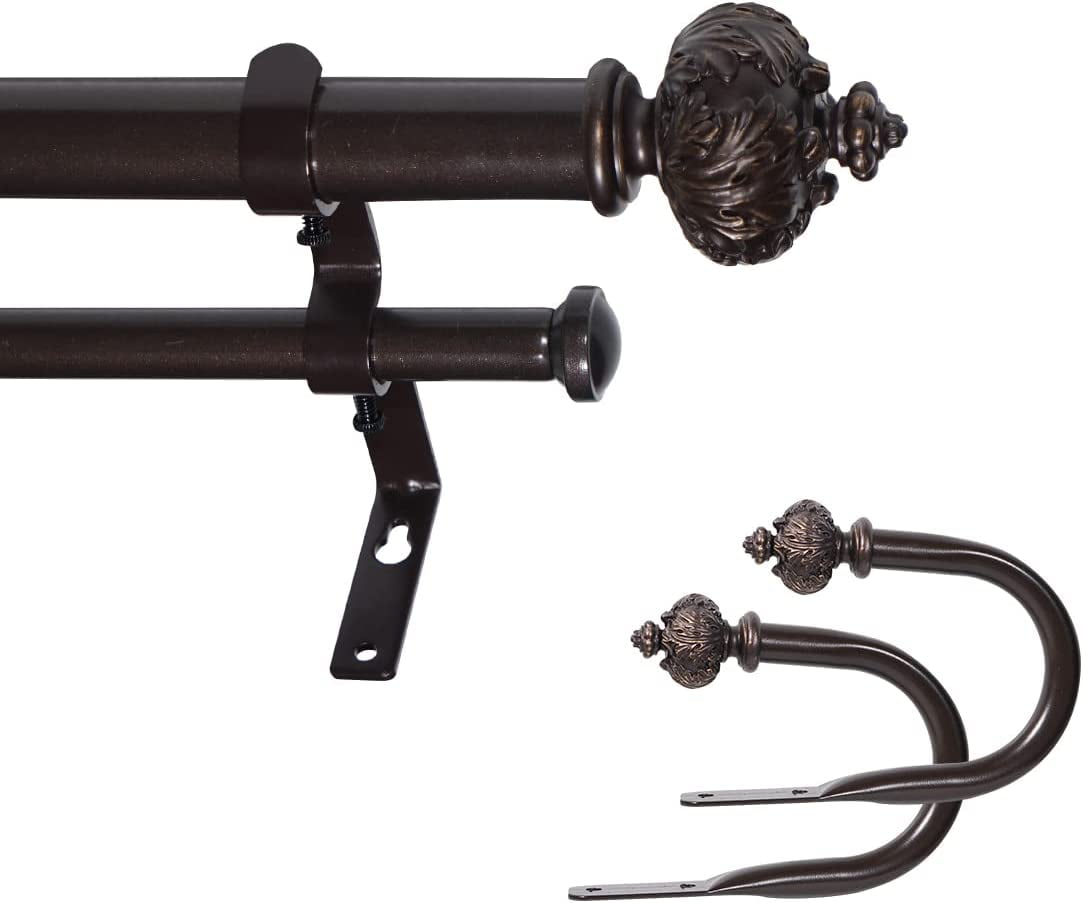 eTeckram 1" Double Curtain Rod with Albert Finials and holdbacks (28''-48'', Bronze gold)