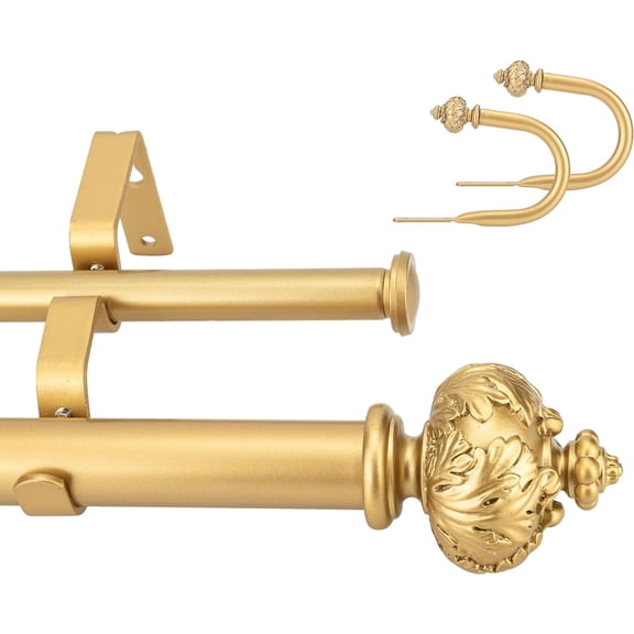 eTeckram 1" Double Curtain Rod with Albert Finials and holdbacks (28''-48'',Gold)