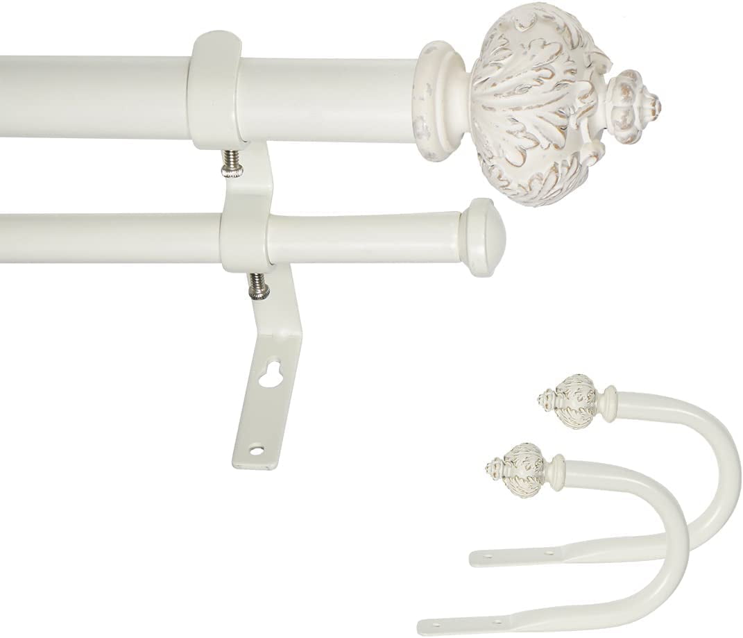 eTeckram 1" Double Curtain Rod with Albert Finials and holdbacks (28''-48'', Weathered white)