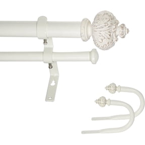 eTeckram 1" Double Curtain Rod with Albert Finials and holdbacks (28''-48'', Weathered white)