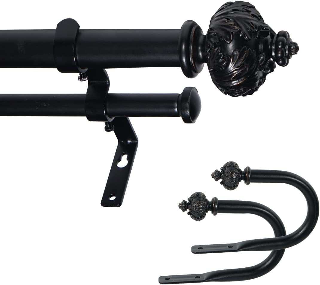 eTeckram 1" Double Curtain Rod with Albert Finials and holdbacks (48''-84'', Black gold)