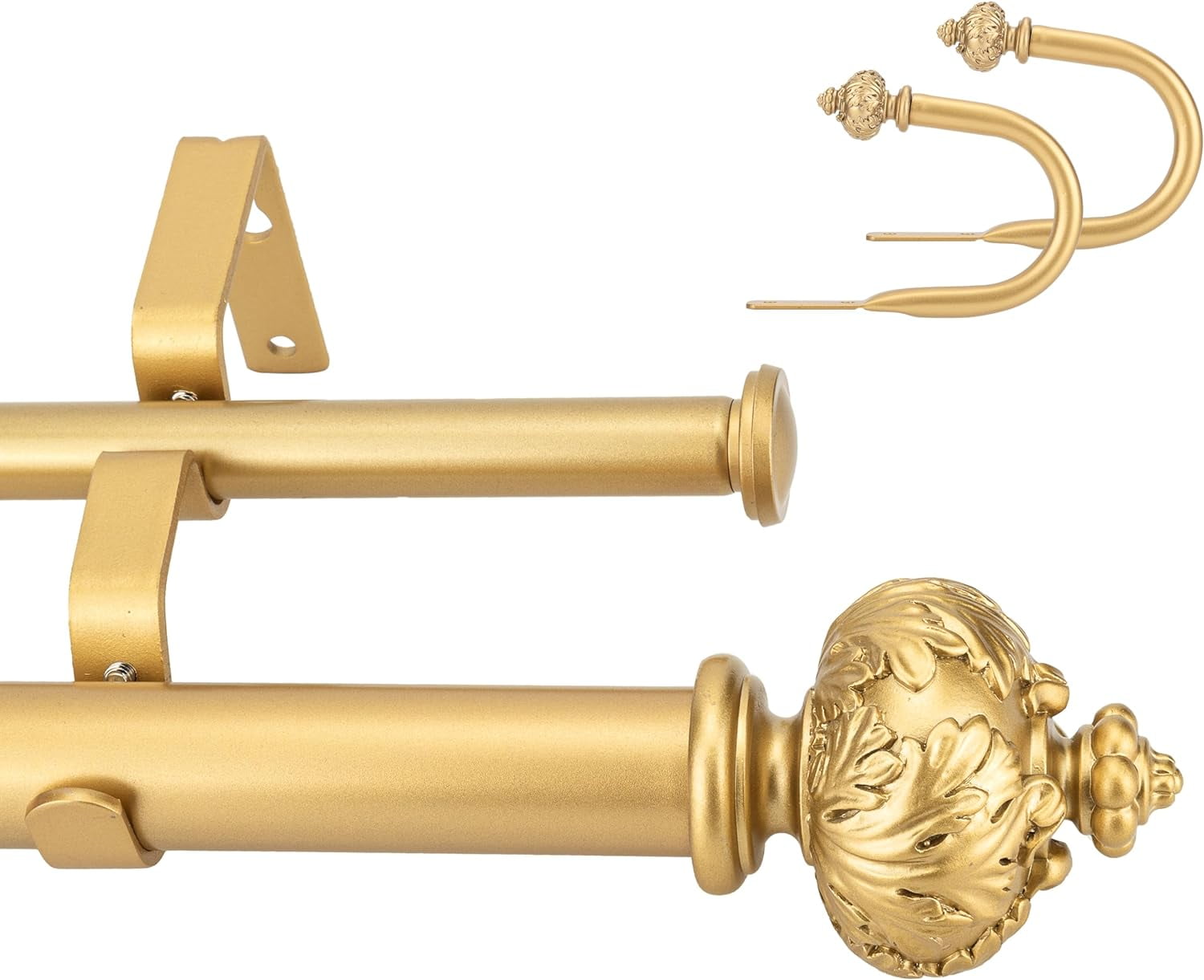 eTeckram 1" Double Curtain Rod with Albert Finials and holdbacks (84''-120'',Gold)