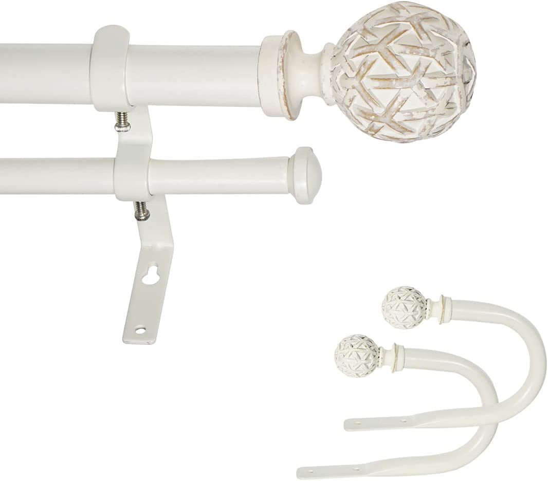 eTeckram 1" Double Curtain Rod with Geo Ball Finials and holdbacks(28''-48'',Weathered White)