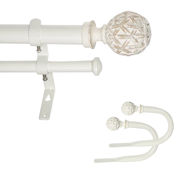 eTeckram 1" Double Curtain Rod with Geo Ball Finials and holdbacks(48''-84'',Weathered White)