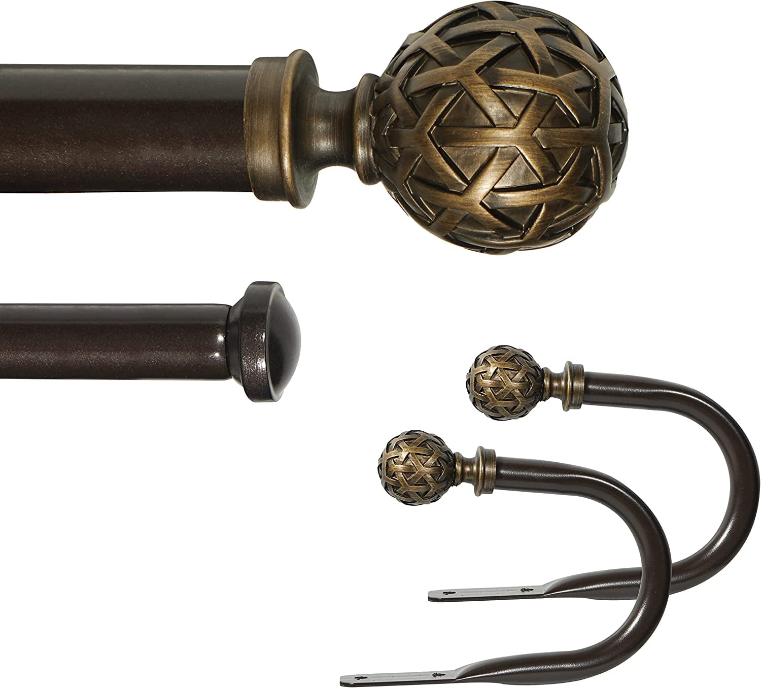 eTeckram 1" Double Curtain Rod with Pompeii Bronze Geo Ball Finials and holdbacks, 48" to 84"