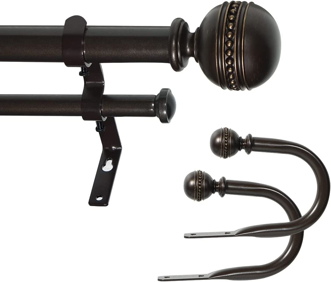 eTeckram 1" Double Curtain Rod with Sable Finials and holdbacks (84‘’-120‘’, Bronze gold)