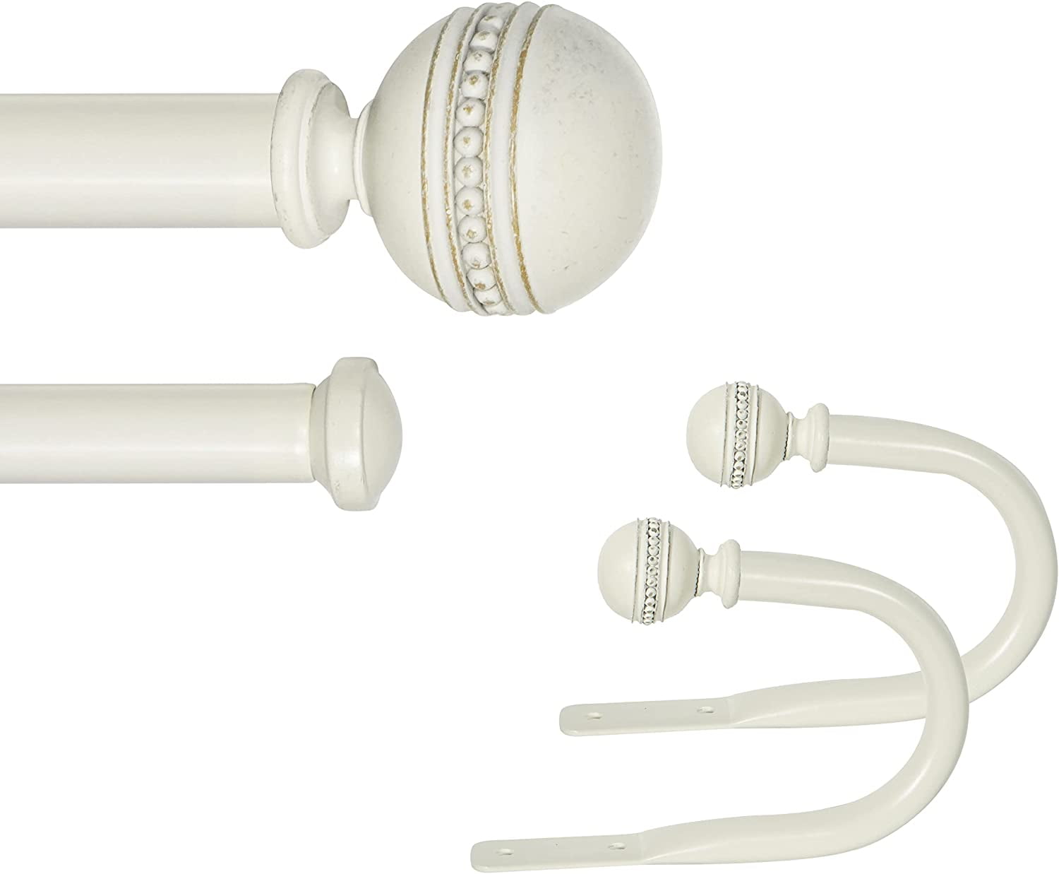 eTeckram 1" Double Curtain Rod with Sable Finials and holdbacks (84" to 120", Weathered white)