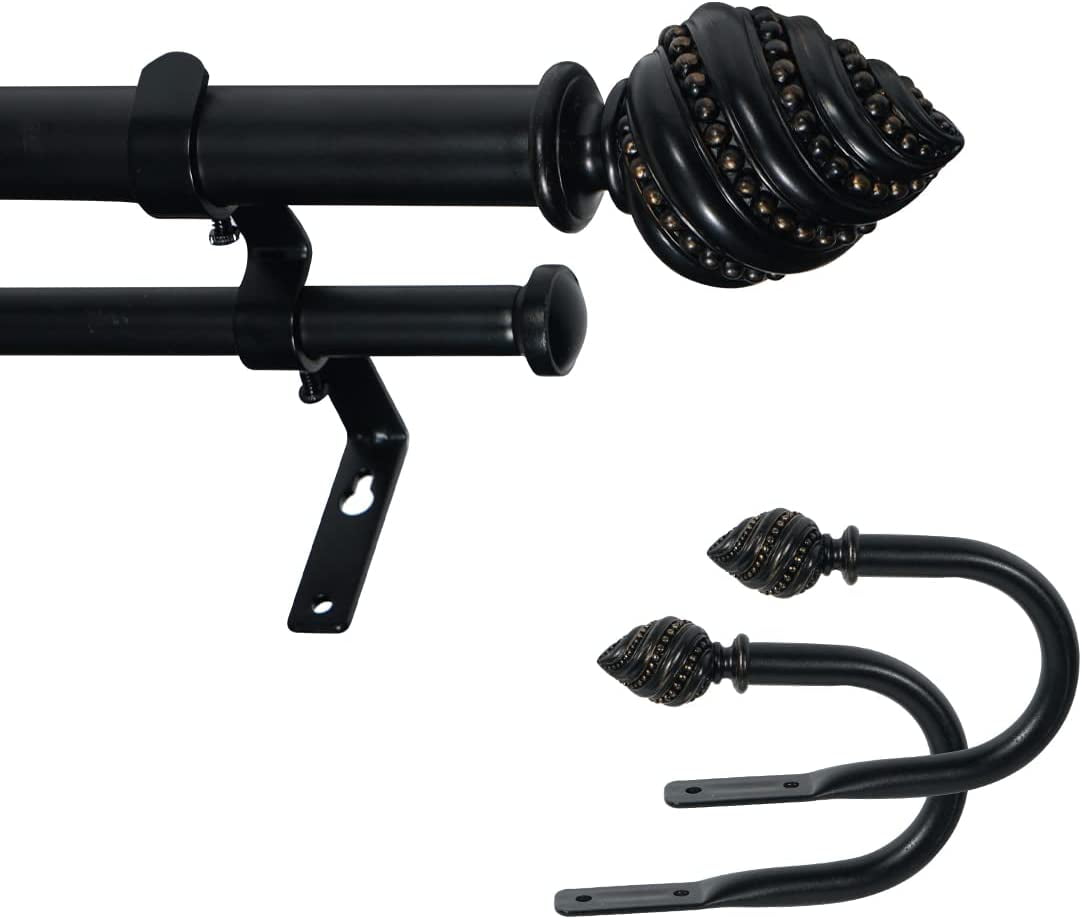 eTeckram 1" Double Curtain Rod with Valois Finials and holdbacks (28‘’-48‘’, Black gold)