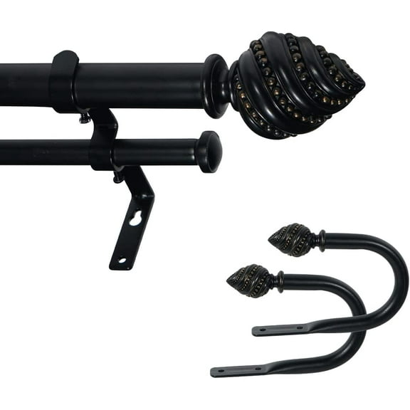 eTeckram 1" Double Curtain Rod with Valois Finials and holdbacks (48‘’-84‘’, Black gold)