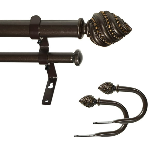 eTeckram 1" Double Curtain Rod with Valois Finials and holdbacks (48‘’-84‘’, Bronze gold)
