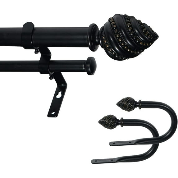 eTeckram 1" Double Curtain Rod with Valois Finials and holdbacks (84‘’-120‘’, Black gold)