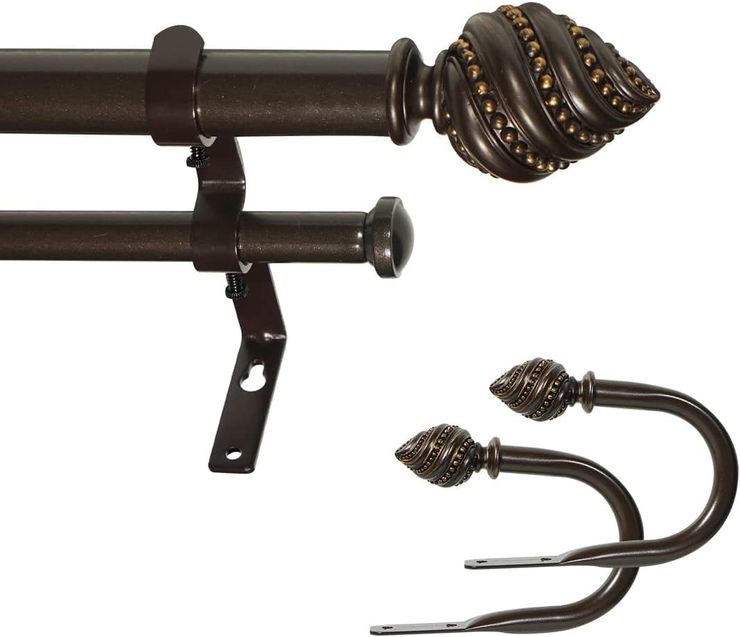 eTeckram 1" Double Curtain Rod with Valois Finials and holdbacks (84‘’-120‘’, Black gold)