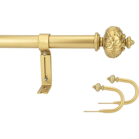eTeckram 1" Single Curtain Rod with Albert Finials and holdbacks (48''-84'',Gold)