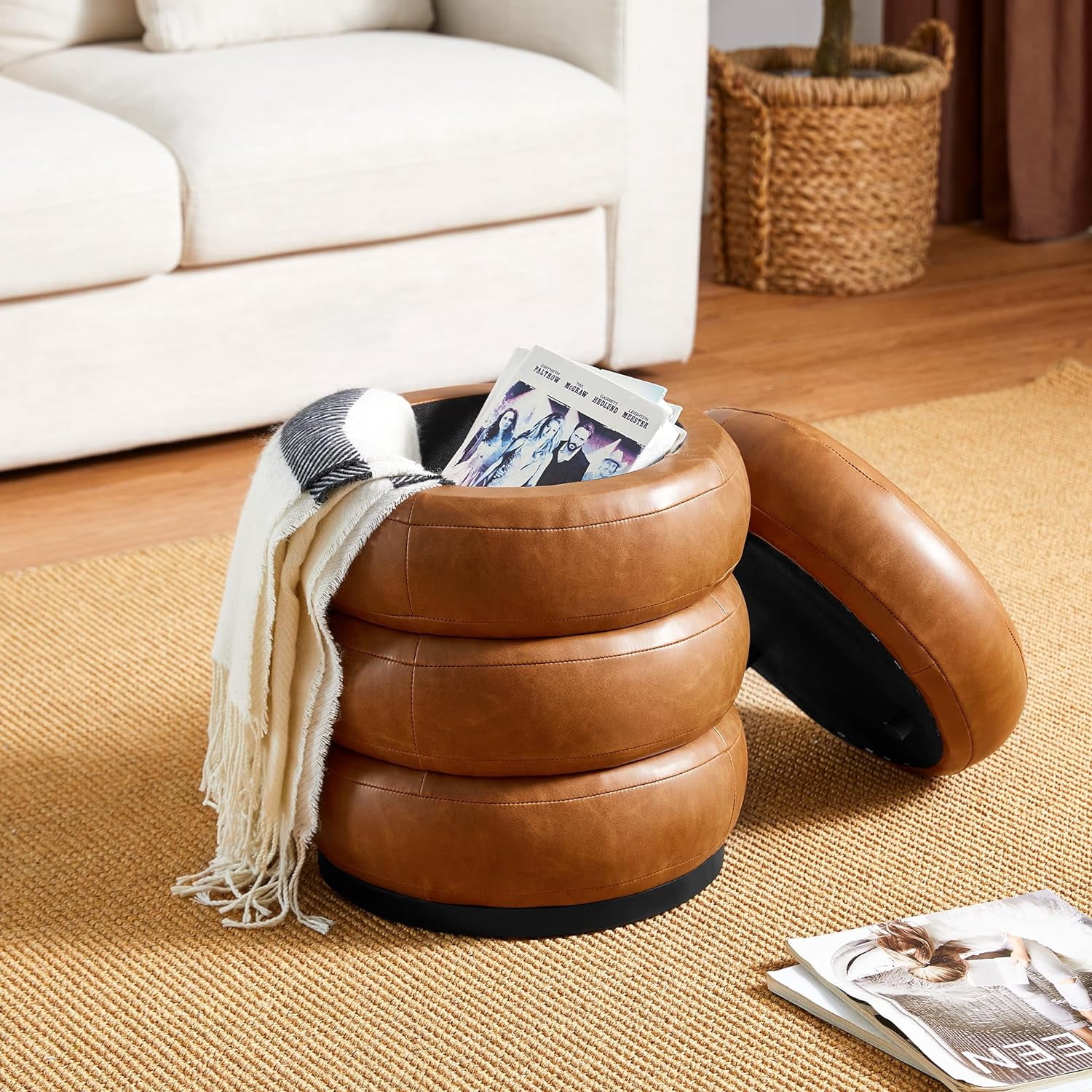 eUty 19.5''H Round Storage Ottoman, Upholstered Round Ottoman with ...
