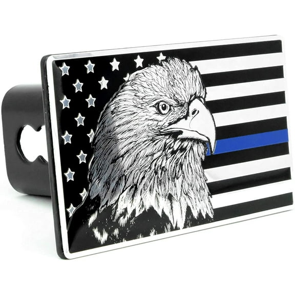 eVerHITCH USA Flag Eagle Metal Emblem Trailer Hitch Cover (Fits 2" Receiver, Black Chrome Blue Line)