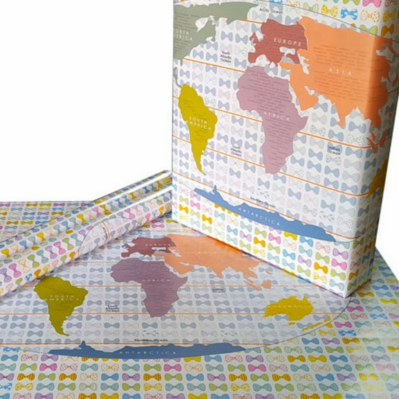 eVincE Gift Wrapping Paper party pack for kids birthday | White World Map with Colorful Bows & All Country Name & 7 Continents | 25 Colorful sheets for theme gifts | Christmas & all occasion