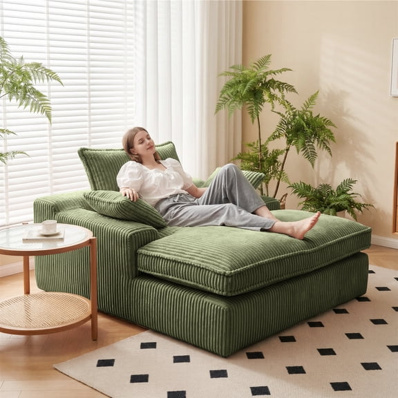 eVita 67'' Green Chaise Lounge Chair Sofa Bed, Oversized Upholstered Sleeper Couch, Fluffy Plush Faux Fur Cloud Sofas Couches for Living Room