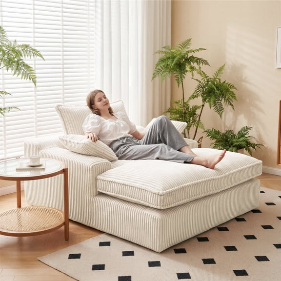 eVita 67'' Light Beige Chaise Lounge Chair Sofa Bed, Oversized Upholstered Sleeper Couch, Fluffy Plush Faux Fur Cloud Sofas Couches for Living Room