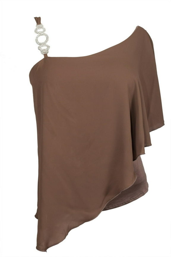 eVogues Plus Size Asymmetric Pendant Strap One Shoulder Layered Top Taupe