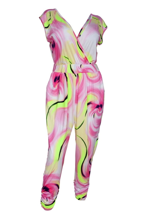 eVogues Plus Size Deep V-Neck Jumpsuit Designer Print 20714A