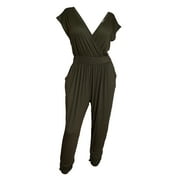 EVOGUES APPAREL eVogues Plus Size Deep V-Neck Jumpsuit Olive