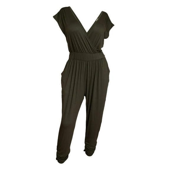 eVogues Plus Size Deep V-Neck Jumpsuit Olive