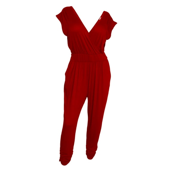 eVogues Plus Size Deep V-Neck Jumpsuit Red 19713
