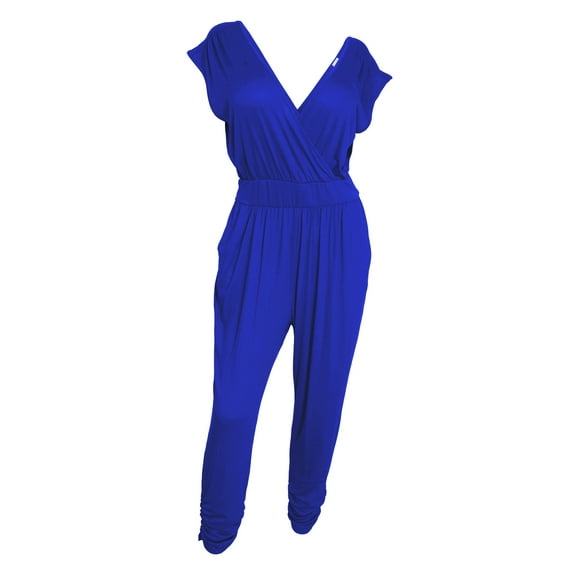 eVogues Plus Size Deep V-Neck Jumpsuit Royal Blue