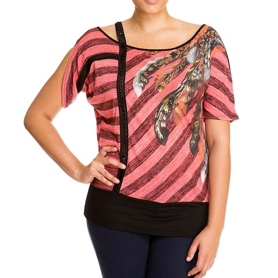 eVogues Plus Size Designer Print Off Shoulder Top Coral