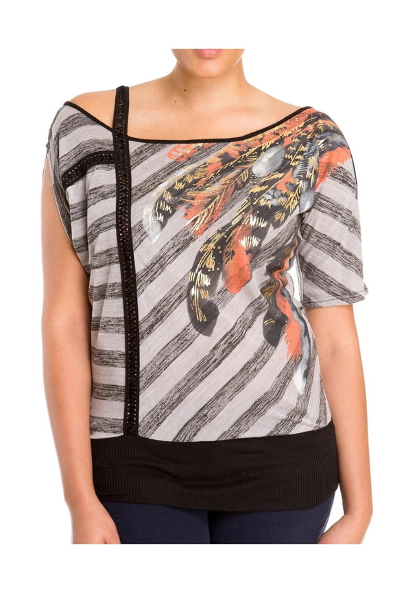 eVogues Plus Size Designer Print Off Shoulder Top Gray