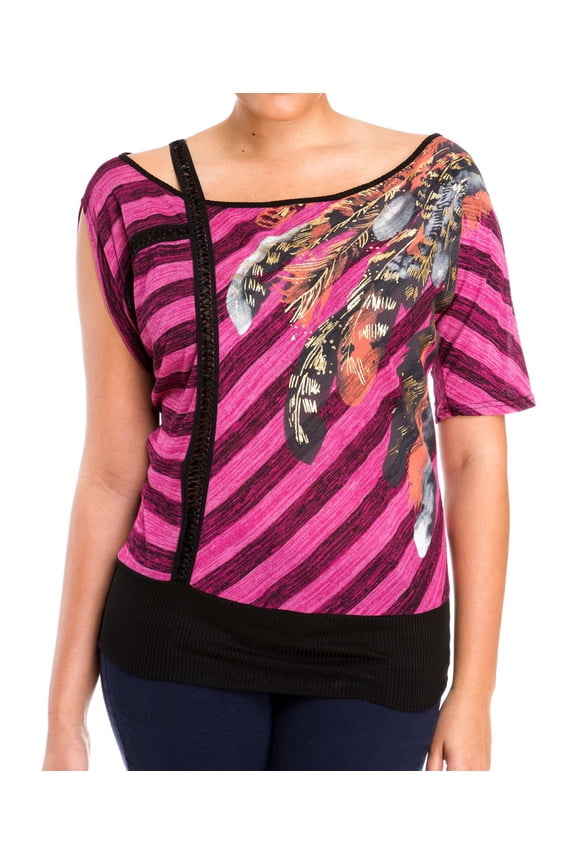 eVogues Plus Size Designer Print Off Shoulder Top Pink