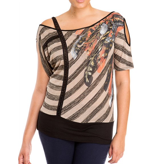 eVogues Plus Size Designer Print Off Shoulder Top Taupe