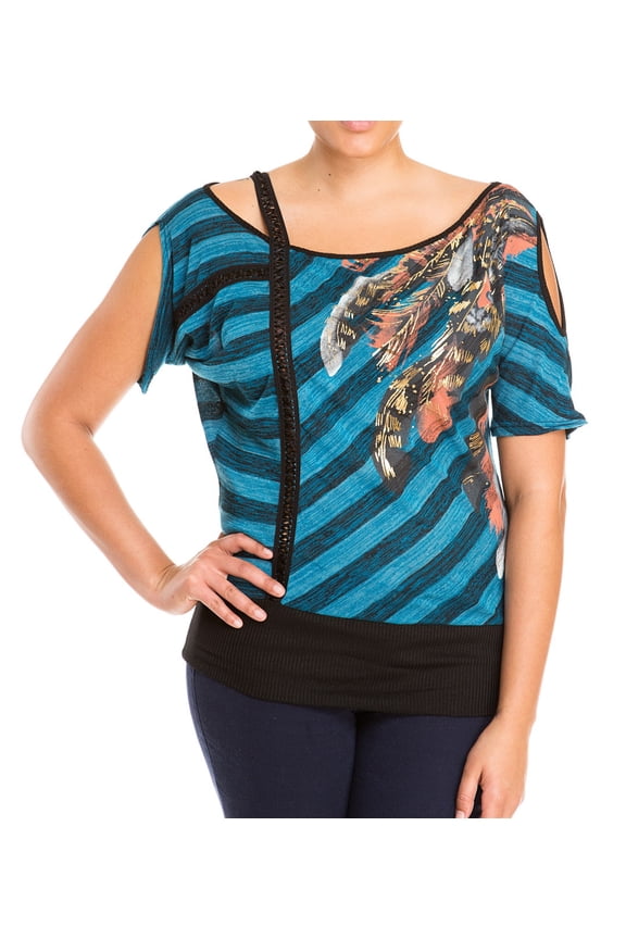 eVogues Plus Size Designer Print Off Shoulder Top Teal