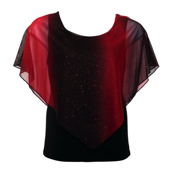 eVogues Plus Size Glitter Layered Look Poncho Top Red