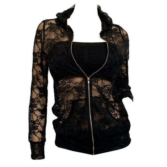 eVogues Plus Size Lace Zipper Front Hoodie Top Black