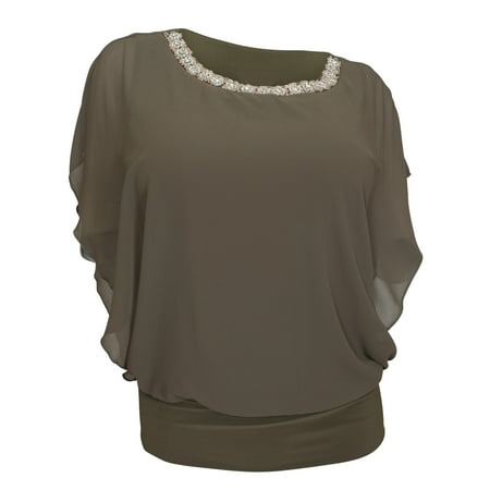 eVogues Plus Size Layered Necklace Accented Blouse Olive