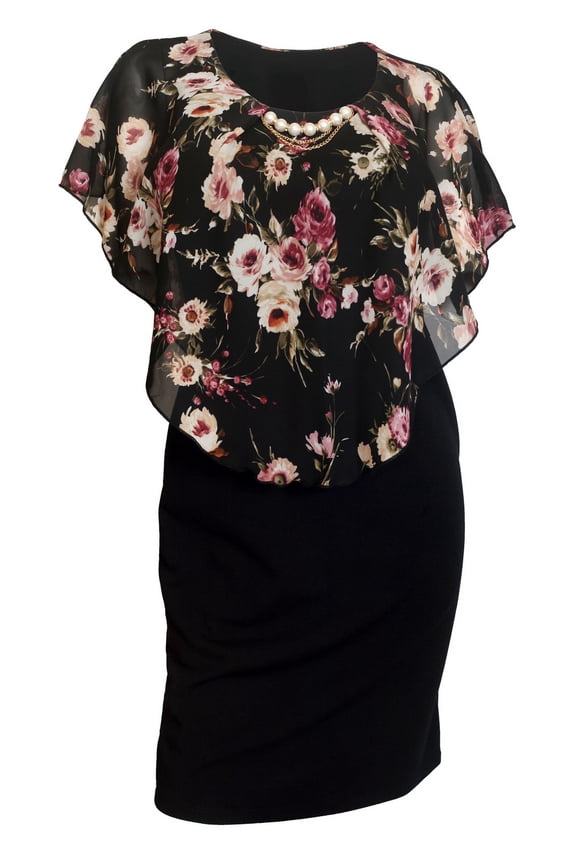 eVogues Plus Size Layered Poncho Dress Floral Print Black 18329