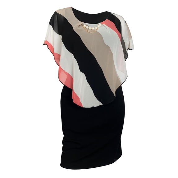 eVogues Plus Size Layered Poncho Dress Stripe Print Coral 1761