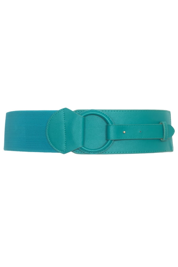 eVogues Plus Size Leatherette O-ring Buckle Elastic Wide Fashion Belt Teal